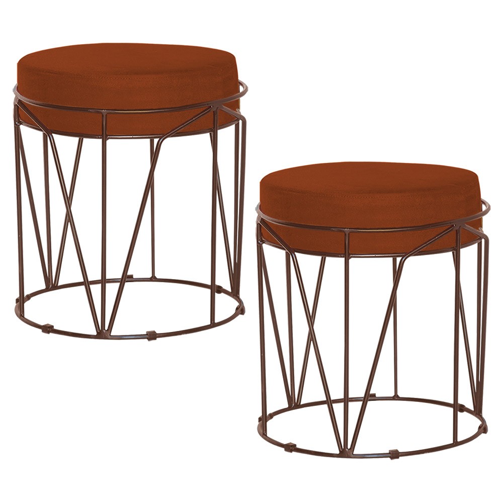 Kit 2 Puffs Decorativo Sala de Estar Base Bronze Chloe Suede Telha G41 - Gran Belo