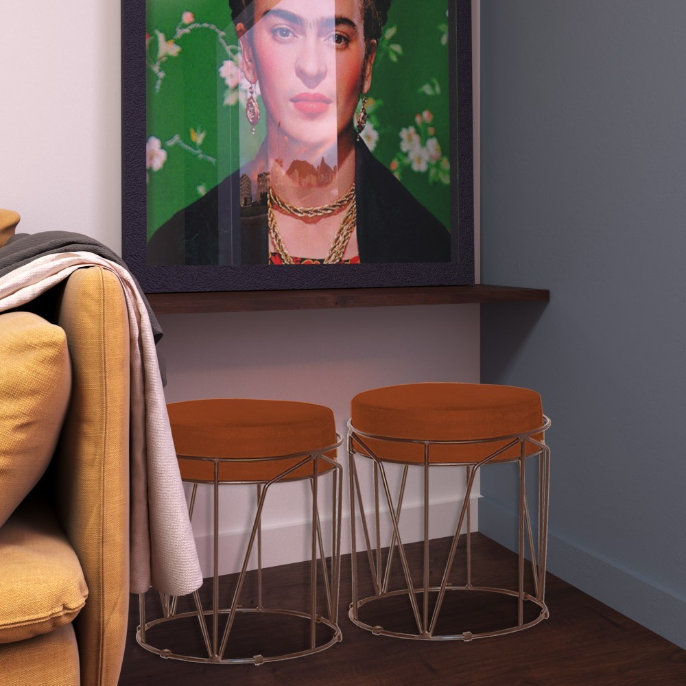 Kit 2 Puffs Decorativo Sala de Estar Base Bronze Chloe Suede Telha G41 - Gran Belo