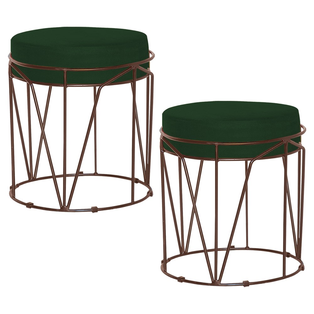 Kit 2 Puffs Decorativo Sala de Estar Base Bronze Chloe Suede Verde G41 - Gran Belo