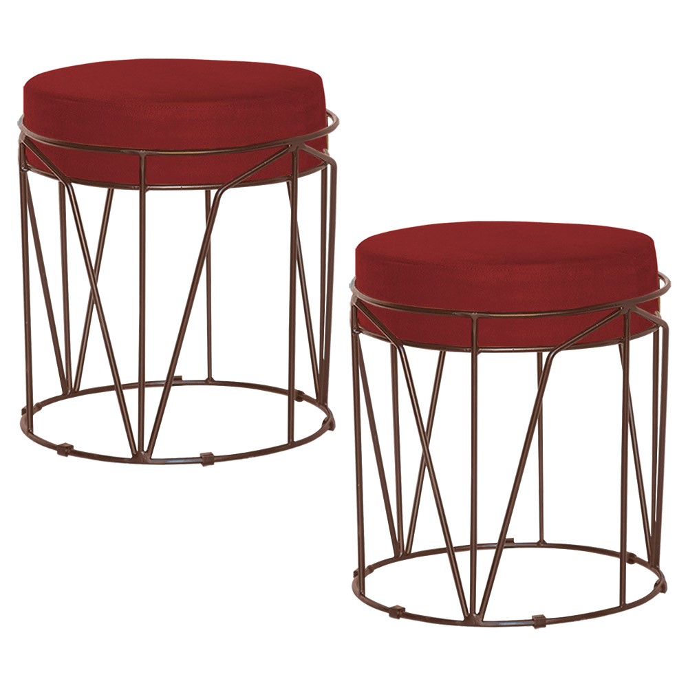Kit 2 Puffs Decorativo Sala de Estar Base Bronze Chloe Suede Vermelho G41 - Gran Belo