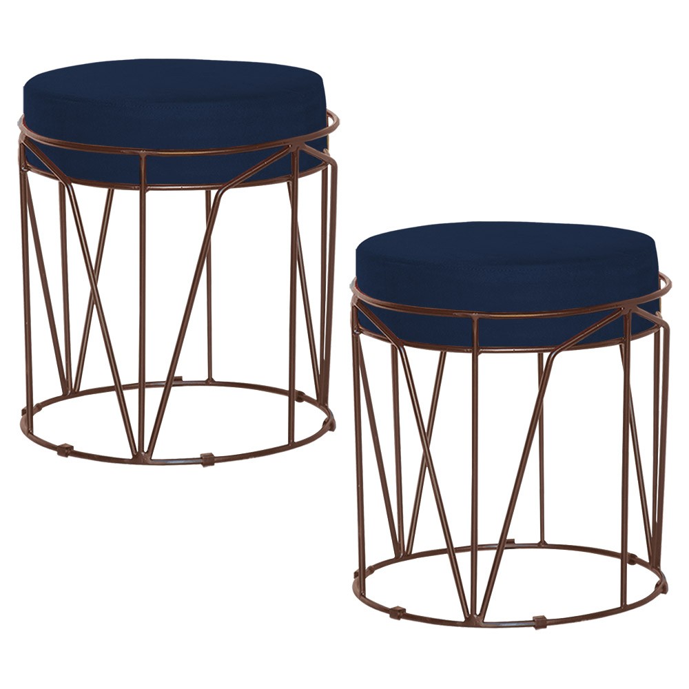 Kit 2 Puffs Decorativo Sala de Estar Base Bronze Chloe Veludo Azul G41 - Gran Belo