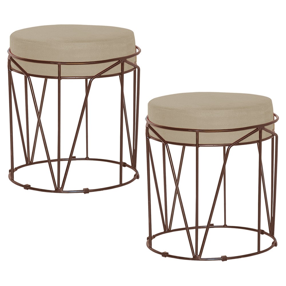 Kit 2 Puffs Decorativo Sala de Estar Base Bronze Chloe Veludo Bege G41 - Gran Belo