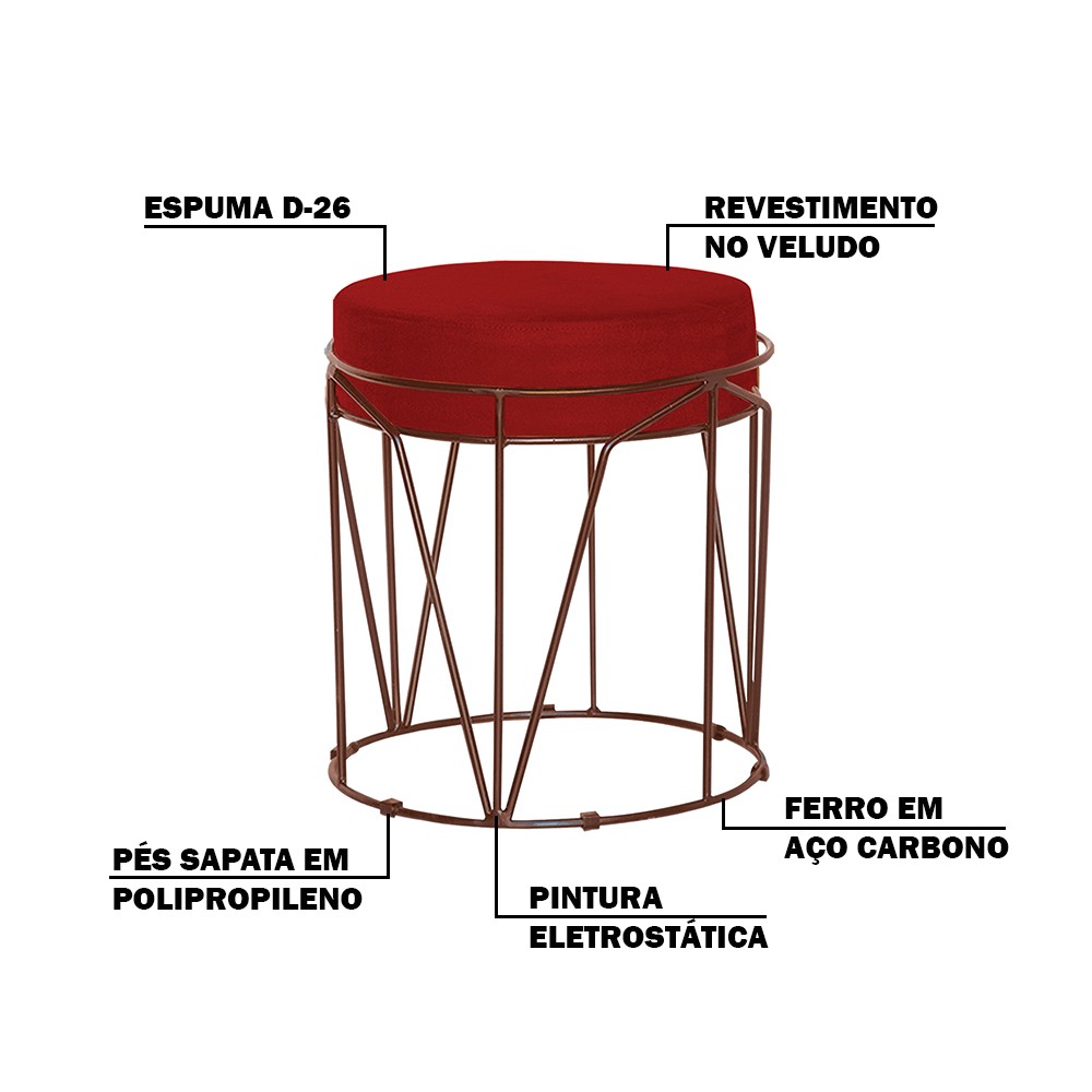 Kit 2 Puffs Decorativo Sala de Estar Base Bronze Chloe Veludo Vermelho G41 - Gran Belo