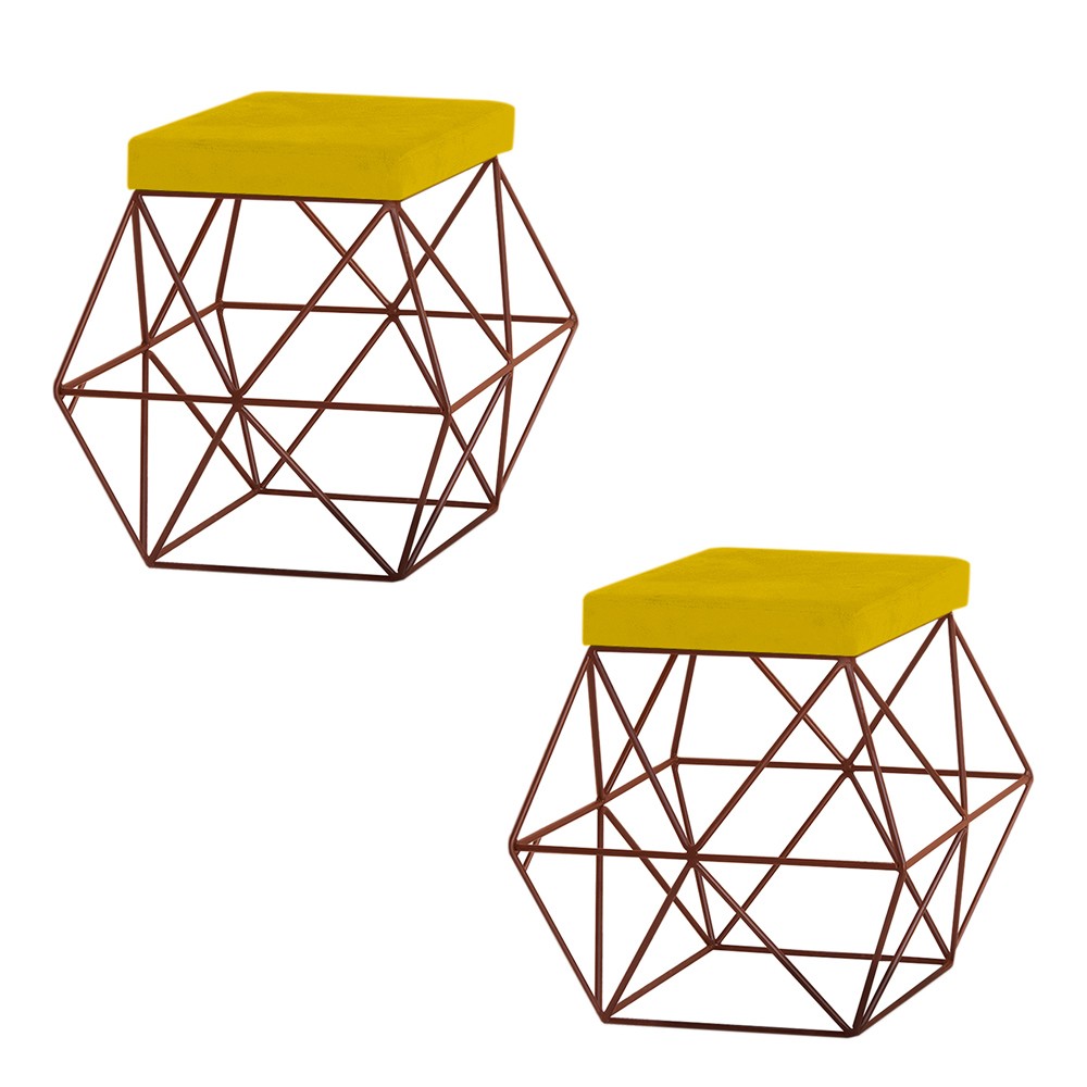 Kit 2 Puffs Decorativo Sala de Estar Base Bronze Trixie Suede Amarelo - Gran Belo