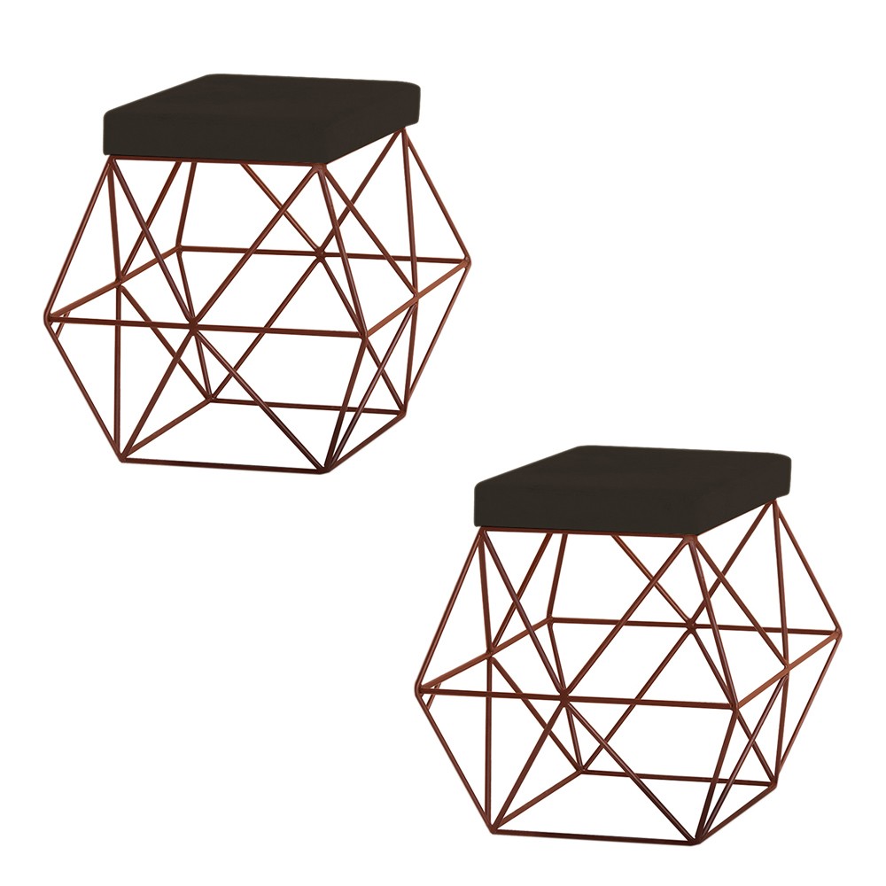 Kit 2 Puffs Decorativo Sala de Estar Base Bronze Trixie Suede Marrom G41 - Gran Belo