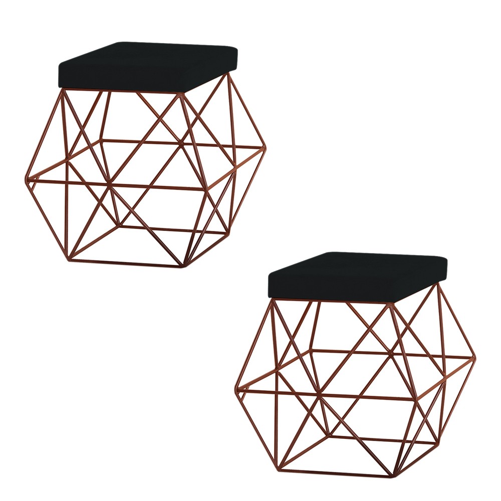 Kit 2 Puffs Decorativo Sala de Estar Base Bronze Trixie Suede Preto G41 - Gran Belo