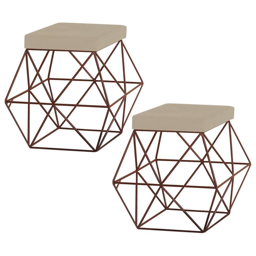 Kit 2 Puffs Decorativo Sala de Estar Base Bronze Trixie Veludo Bege G41 - Gran Belo