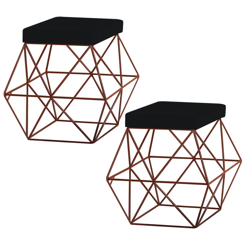 Kit 2 Puffs Decorativo Sala de Estar Base Bronze Trixie Veludo Preto G41 - Gran Belo