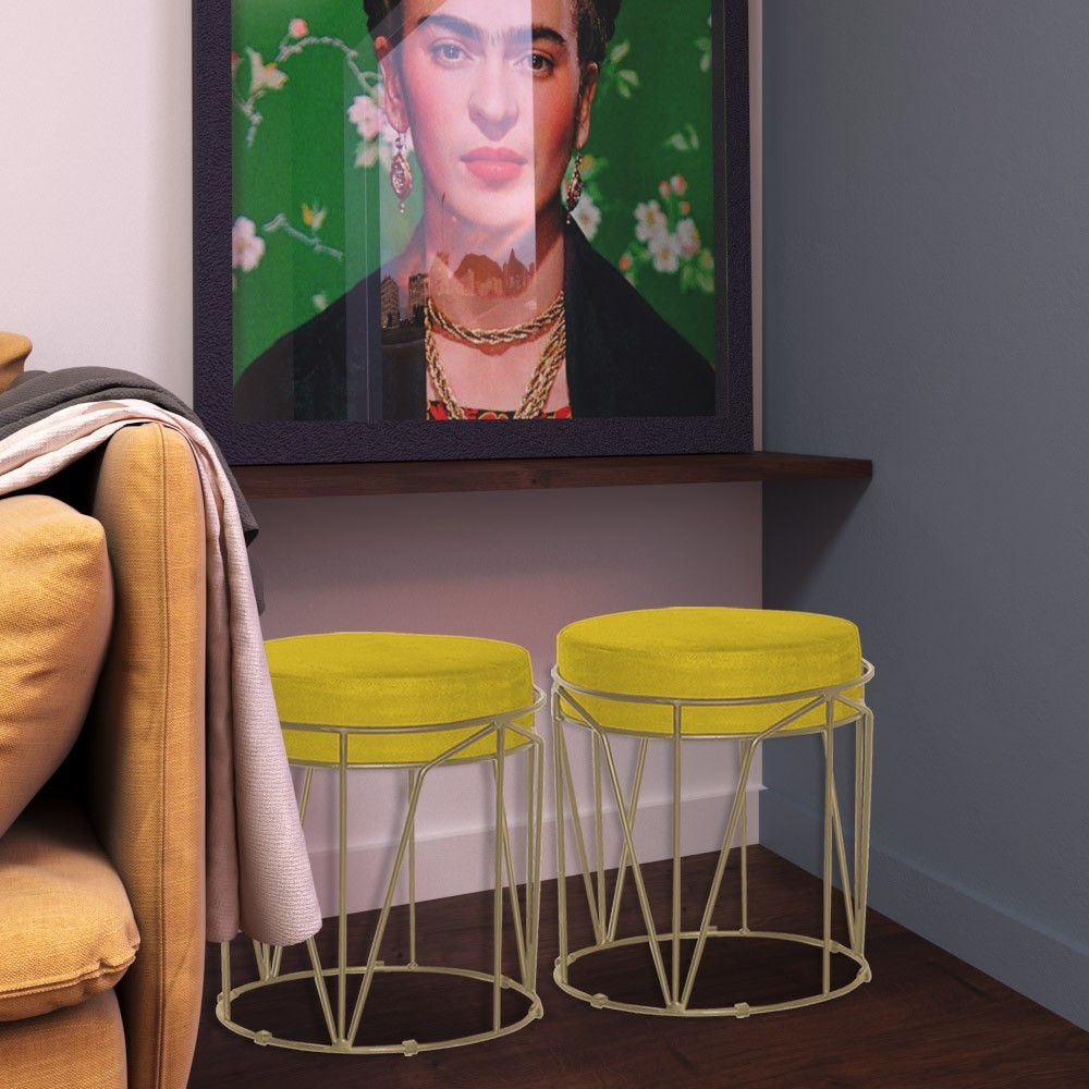 Kit 2 Puffs Decorativo Sala de Estar Base Gold Chloe Suede Amarelo G41 - Gran Belo