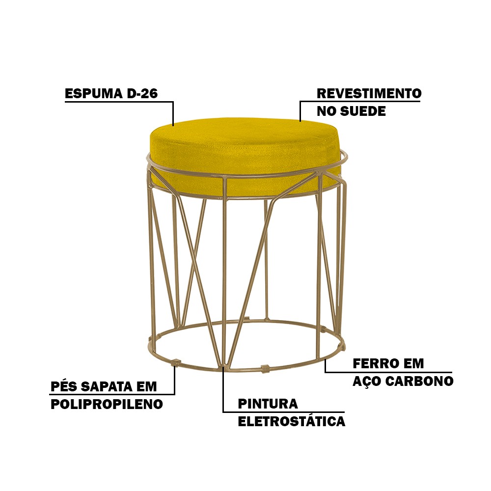 Kit 2 Puffs Decorativo Sala de Estar Base Gold Chloe Suede Amarelo G41 - Gran Belo