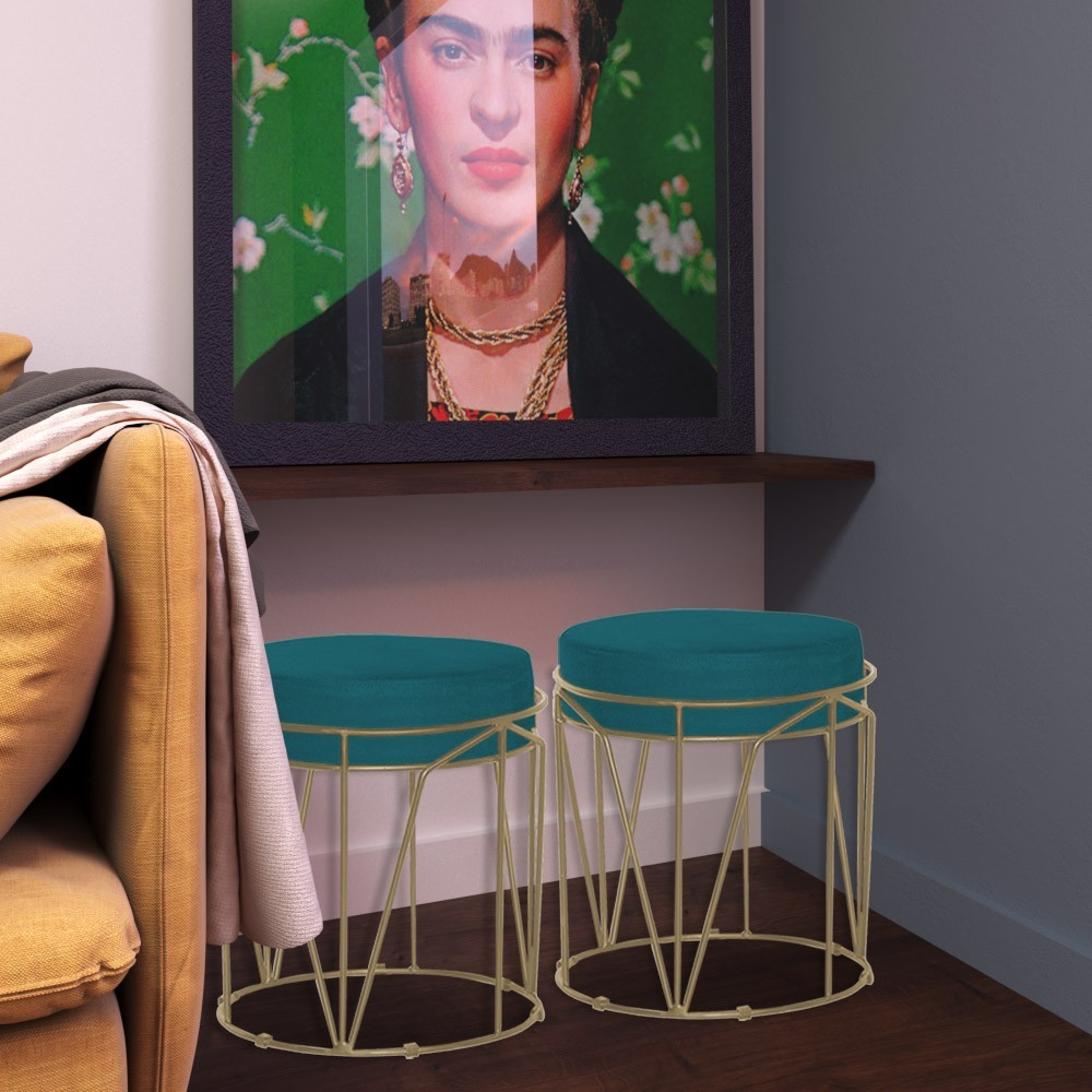 Kit 2 Puffs Decorativo Sala de Estar Base Gold Chloe Suede Azul Claro G41 - Gran Belo