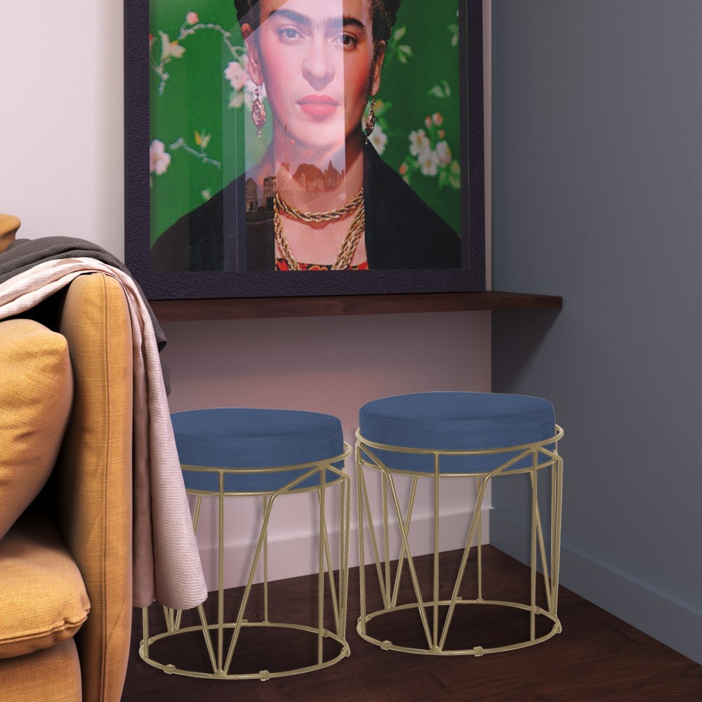 Kit 2 Puffs Decorativo Sala de Estar Base Gold Chloe Suede Azul Marinho G41 - Gran Belo