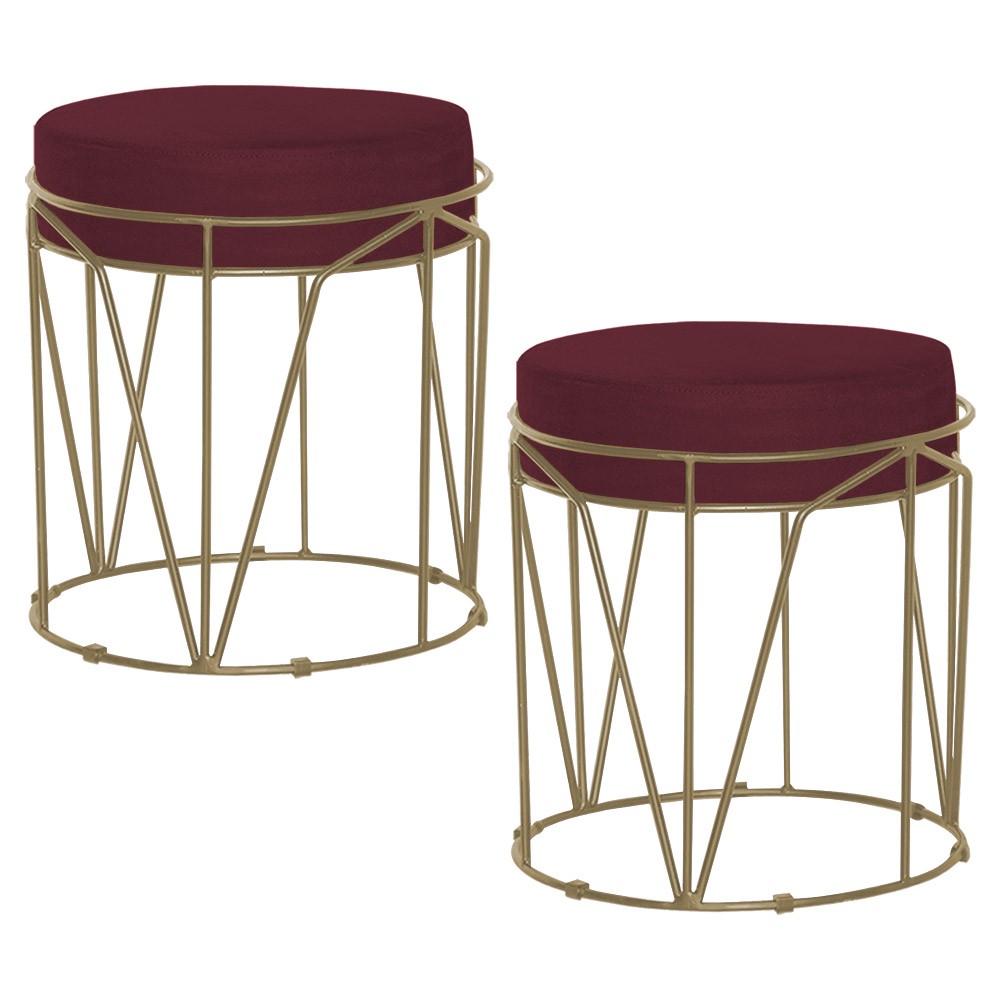 Kit 2 Puffs Decorativo Sala de Estar Base Gold Chloe Suede Bordô - Gran Belo