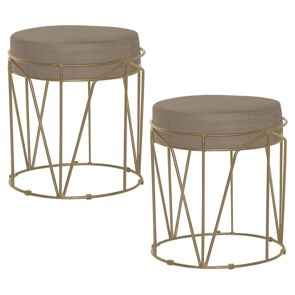 Kit 2 Puffs Decorativo Sala de Estar Base Gold Chloe Suede Cappuccino G41 - Gran Belo