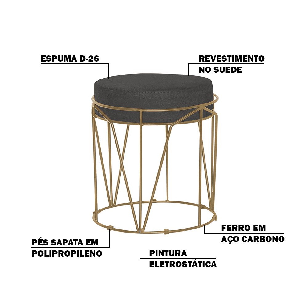 Kit 2 Puffs Decorativo Sala de Estar Base Gold Chloe Suede Cinza G41 - Gran Belo