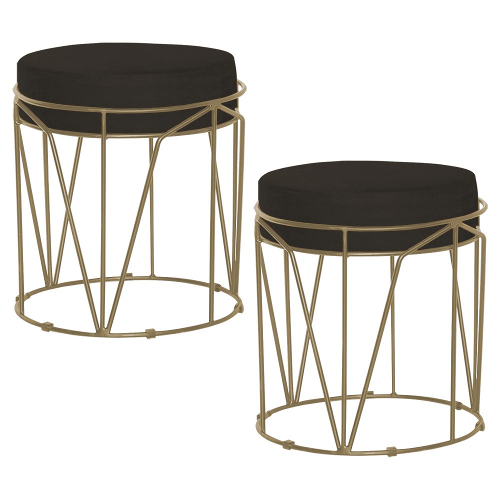 Kit 2 Puffs Decorativo Sala de Estar Base Gold Chloe Suede Marrom G41 - Gran Belo