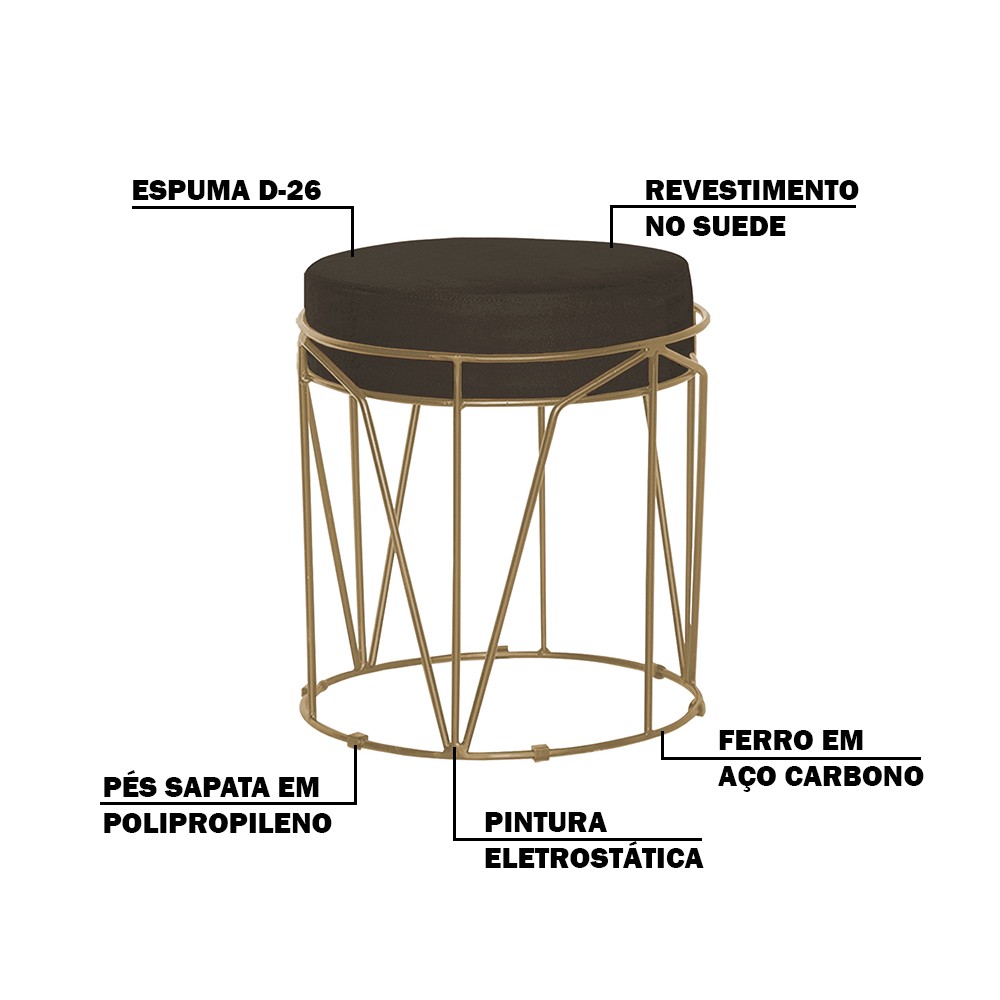 Kit 2 Puffs Decorativo Sala de Estar Base Gold Chloe Suede Marrom G41 - Gran Belo