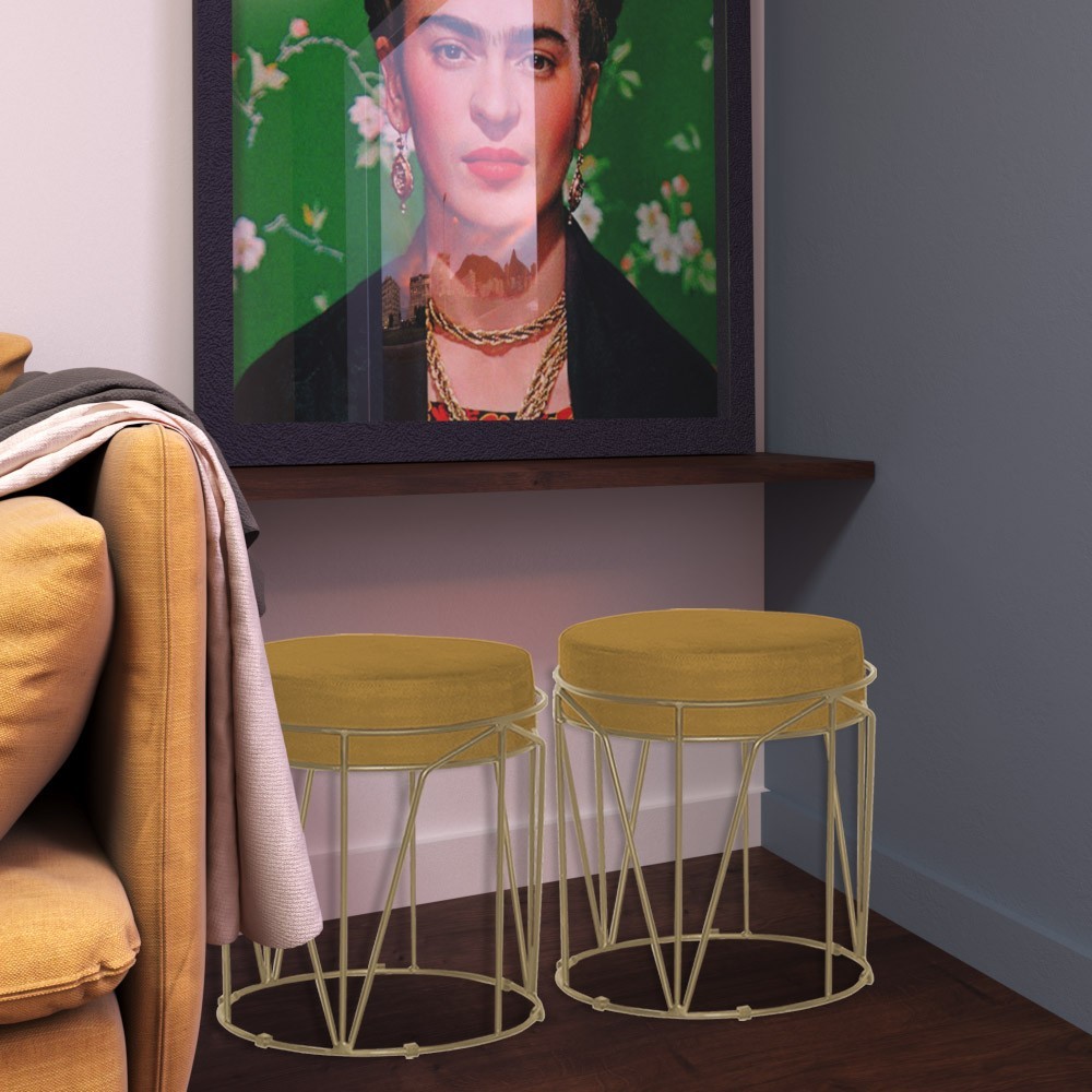 Kit 2 Puffs Decorativo Sala de Estar Base Gold Chloe Suede Mostarda G41 - Gran Belo