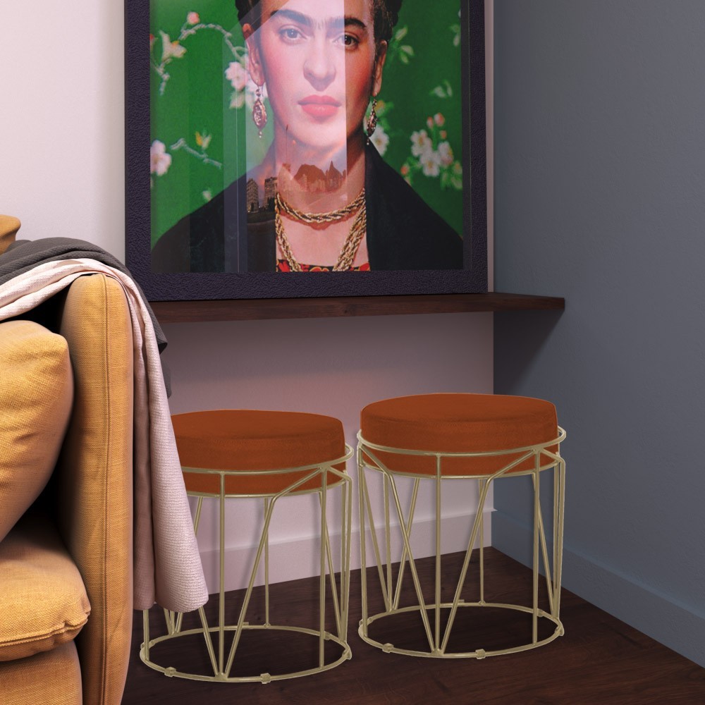 Kit 2 Puffs Decorativo Sala de Estar Base Gold Chloe Suede Telha G41 - Gran Belo
