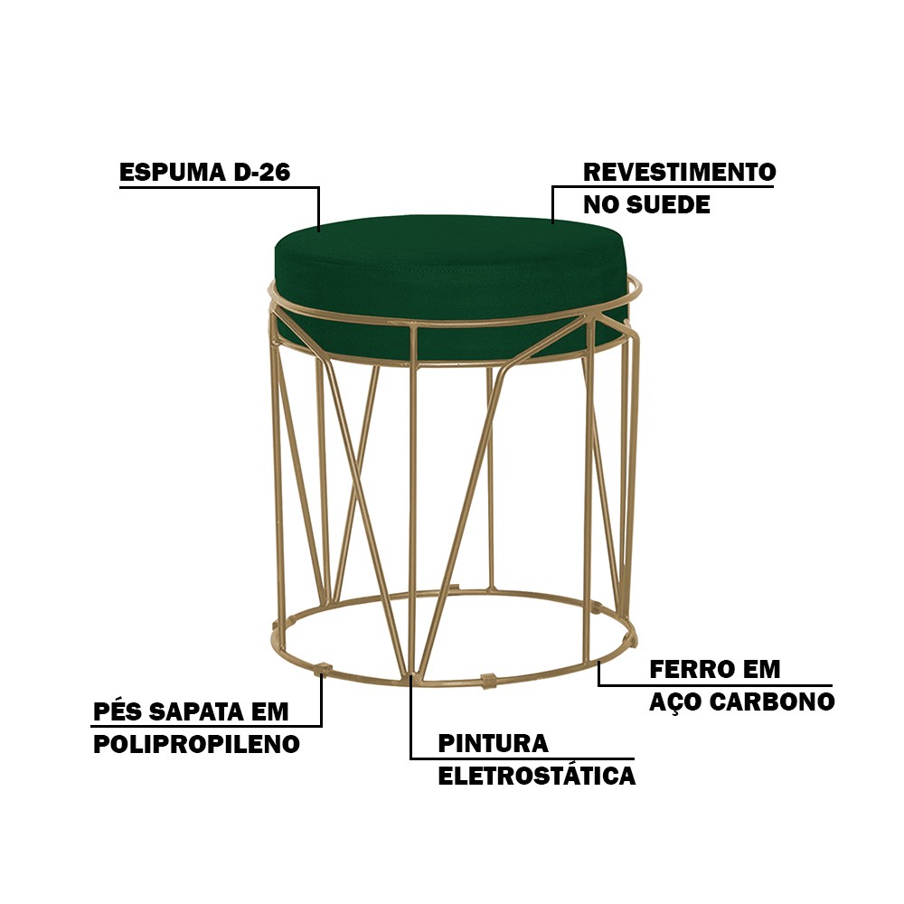 Kit 2 Puffs Decorativo Sala de Estar Base Gold Chloe Suede Verde G41 - Gran Belo