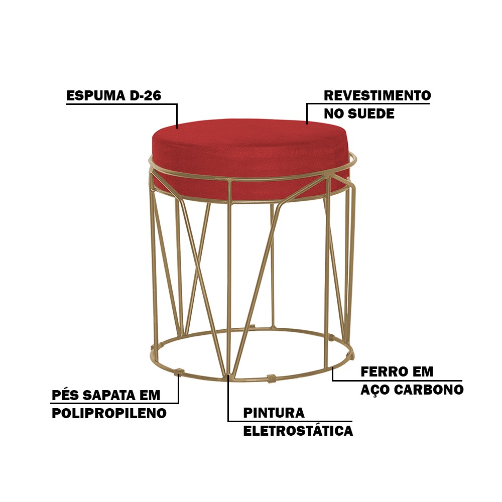 Kit 2 Puffs Decorativo Sala de Estar Base Gold Chloe Suede Vermelho G41 - Gran Belo