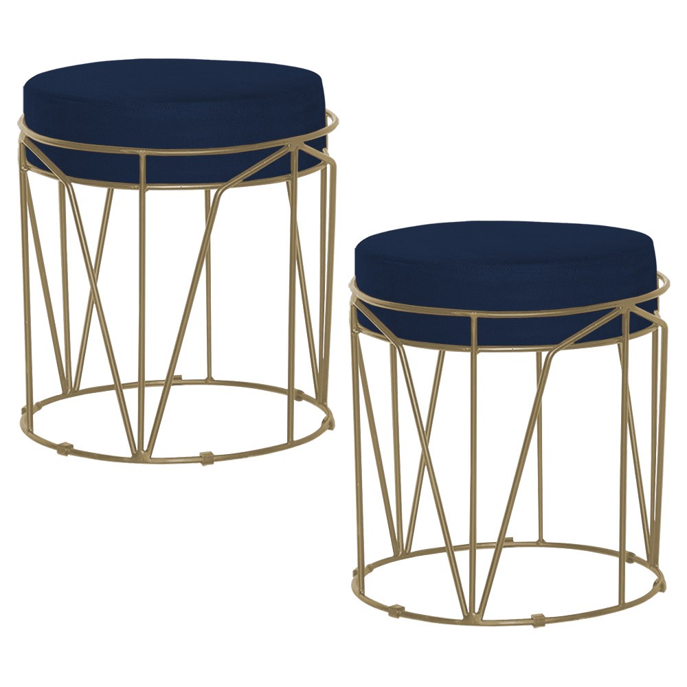 Kit 2 Puffs Decorativo Sala de Estar Base Gold Chloe Veludo Azul G41 - Gran Belo