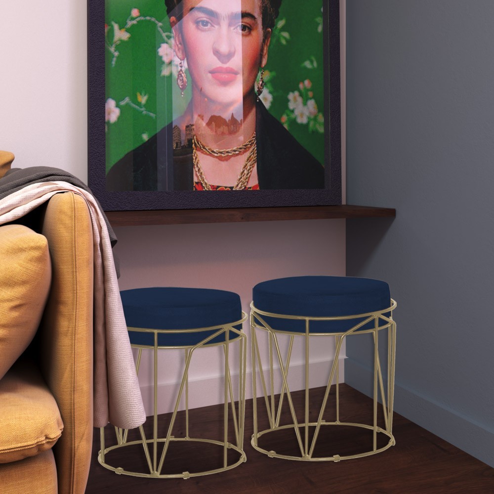 Kit 2 Puffs Decorativo Sala de Estar Base Gold Chloe Veludo Azul G41 - Gran Belo