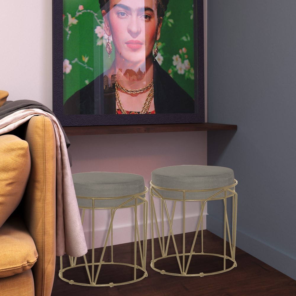 Kit 2 Puffs Decorativo Sala de Estar Base Gold Chloe Veludo Cinza - Gran Belo