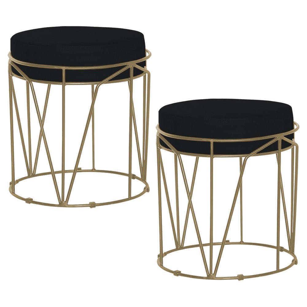 Kit 2 Puffs Decorativo Sala de Estar Base Gold Chloe Veludo Preto - Gran Belo