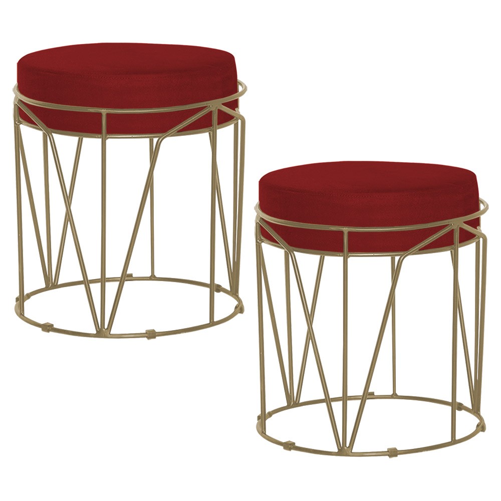 Kit 2 Puffs Decorativo Sala de Estar Base Gold Chloe Veludo Vermelho G41 - Gran Belo