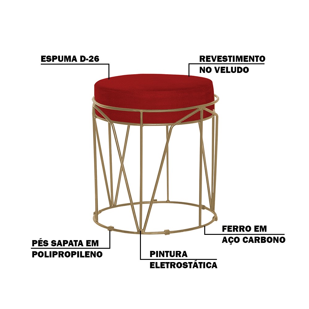 Kit 2 Puffs Decorativo Sala de Estar Base Gold Chloe Veludo Vermelho G41 - Gran Belo