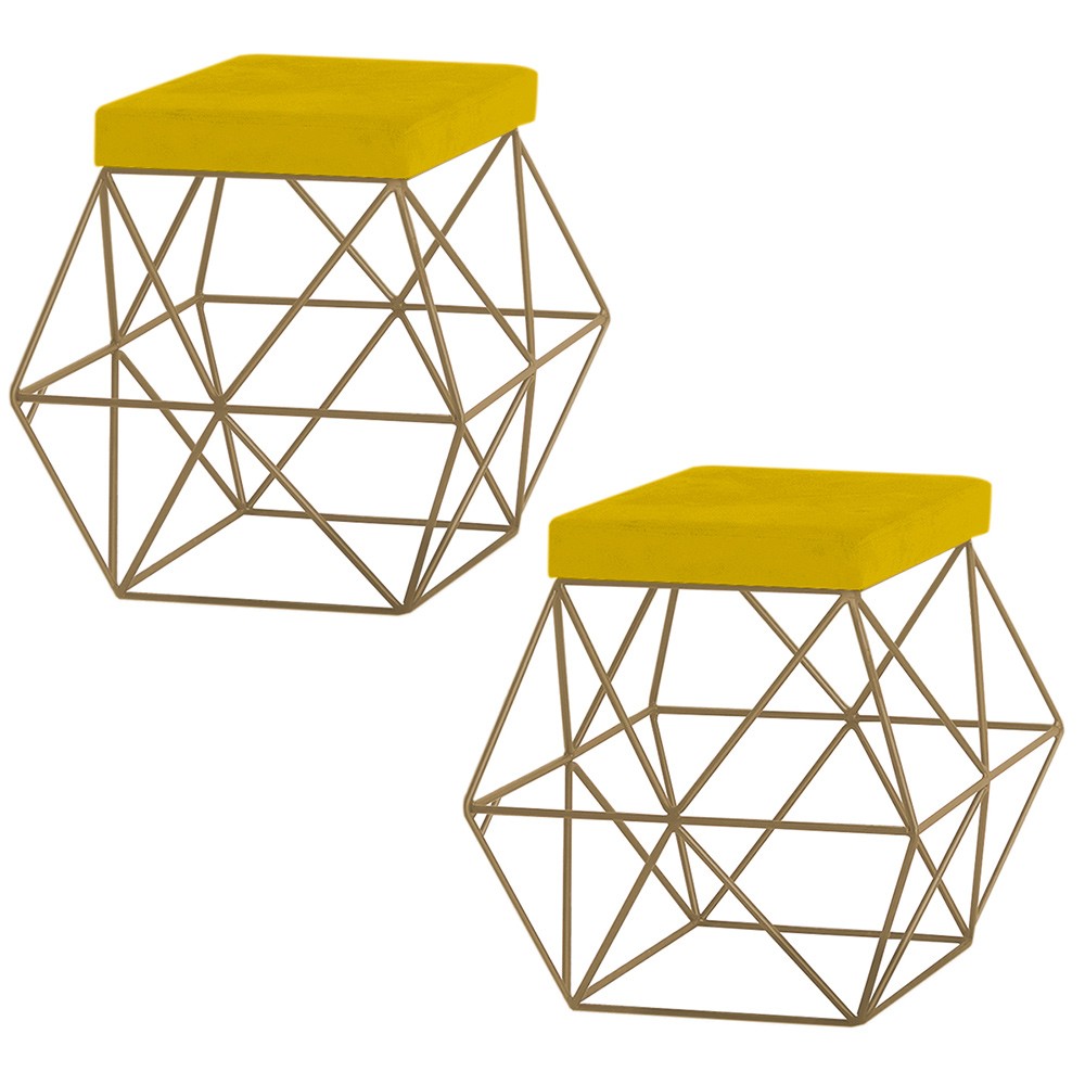 Kit 2 Puffs Decorativo Sala de Estar Base Gold Trixie Suede Amarelo G41 - Gran Belo