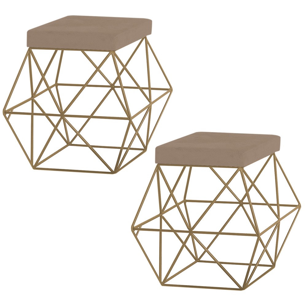 Kit 2 Puffs Decorativo Sala de Estar Base Gold Trixie Suede Cappuccino G41 - Gran Belo