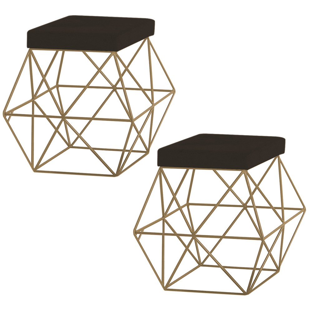 Kit 2 Puffs Decorativo Sala de Estar Base Gold Trixie Suede Marrom G41 - Gran Belo
