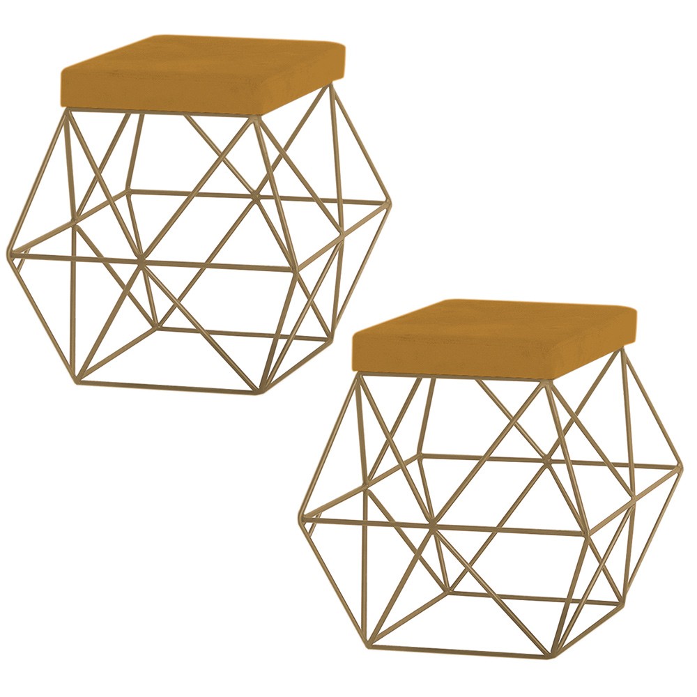 Kit 2 Puffs Decorativo Sala de Estar Base Gold Trixie Suede Mostarda G41 - Gran Belo