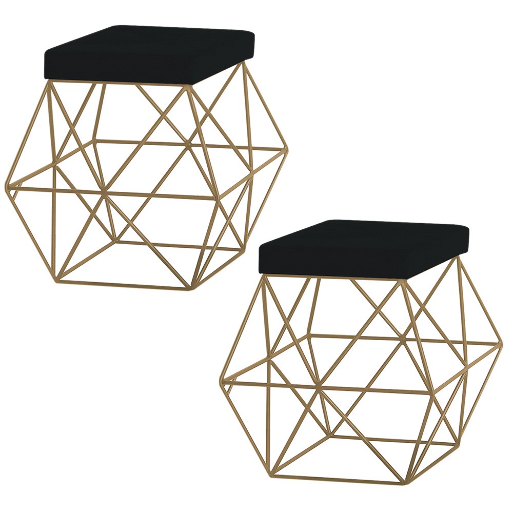 Kit 2 Puffs Decorativo Sala de Estar Base Gold Trixie Suede Preto - Gran Belo