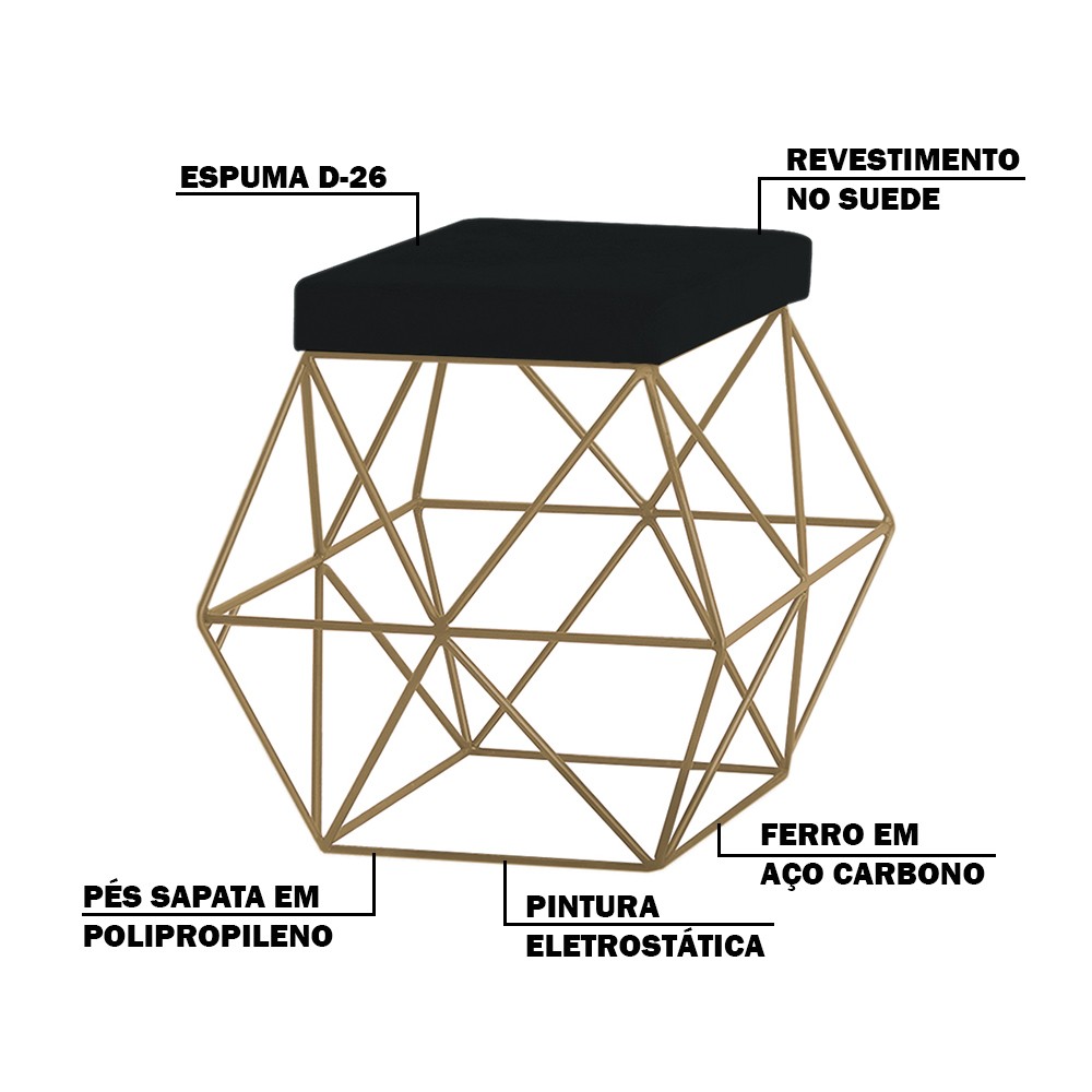 Kit 2 Puffs Decorativo Sala de Estar Base Gold Trixie Suede Preto - Gran Belo
