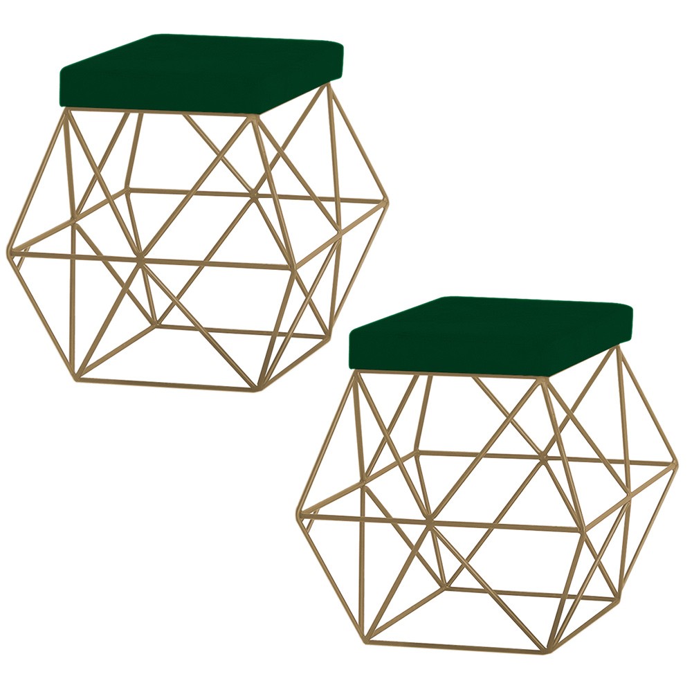 Kit 2 Puffs Decorativo Sala de Estar Base Gold Trixie Suede Verde G41 - Gran Belo