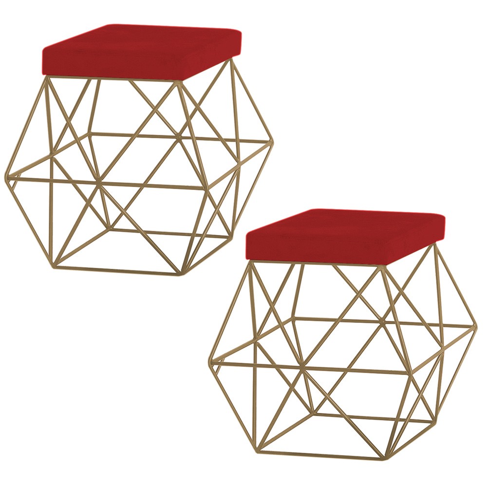 Kit 2 Puffs Decorativo Sala de Estar Base Gold Trixie Suede Vermelho G41 - Gran Belo