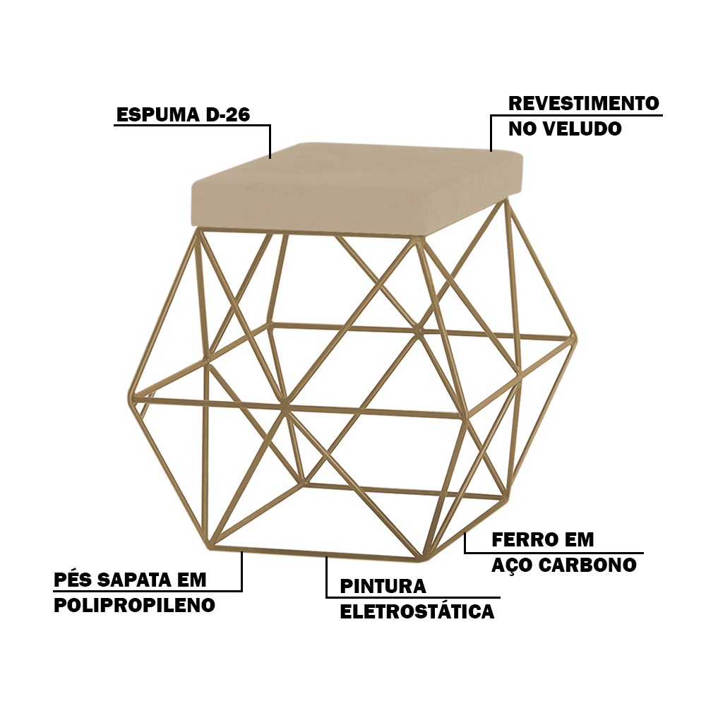 Kit 2 Puffs Decorativo Sala de Estar Base Gold Trixie Veludo Bege G41 - Gran Belo