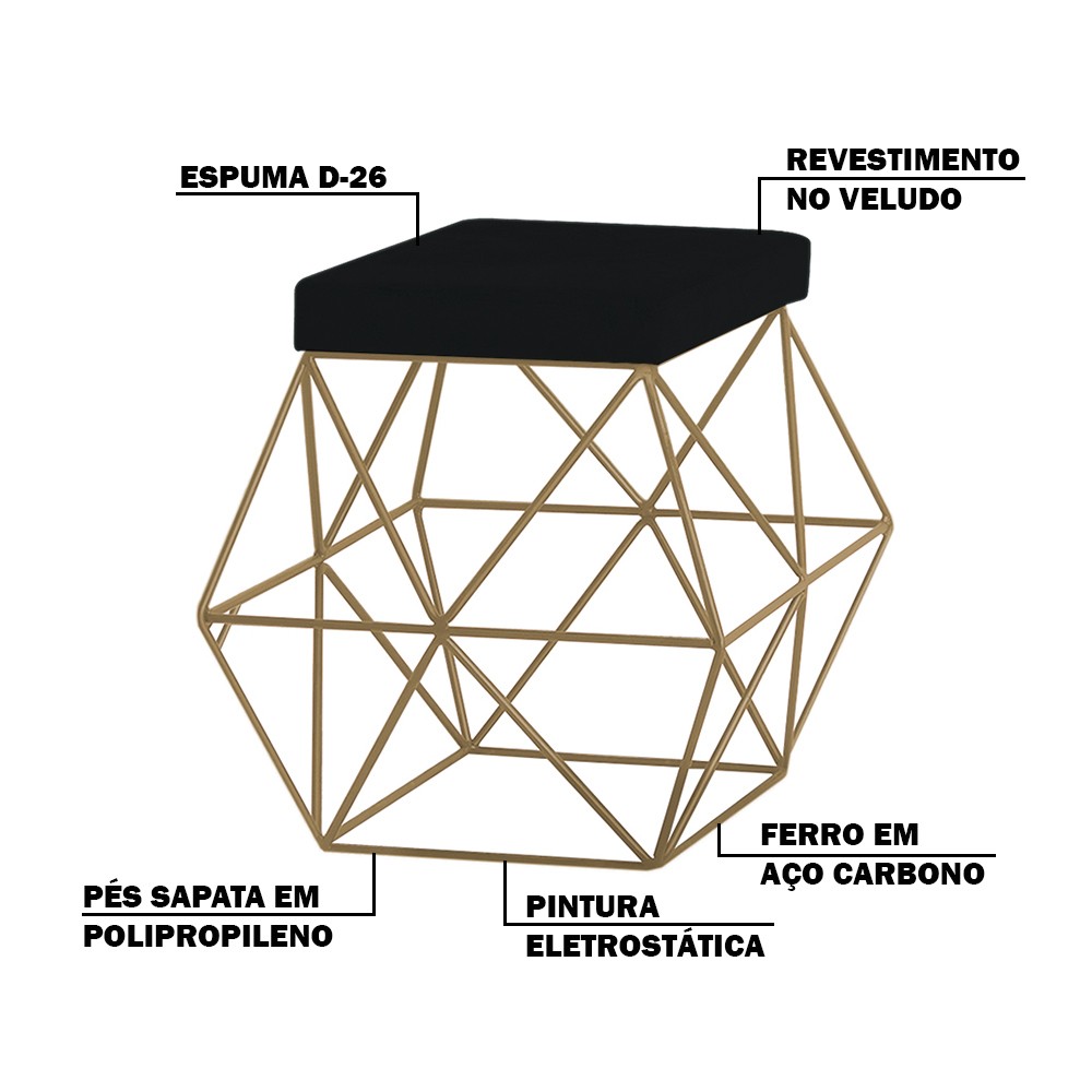 Kit 2 Puffs Decorativo Sala de Estar Base Gold Trixie Veludo Preto G41 - Gran Belo