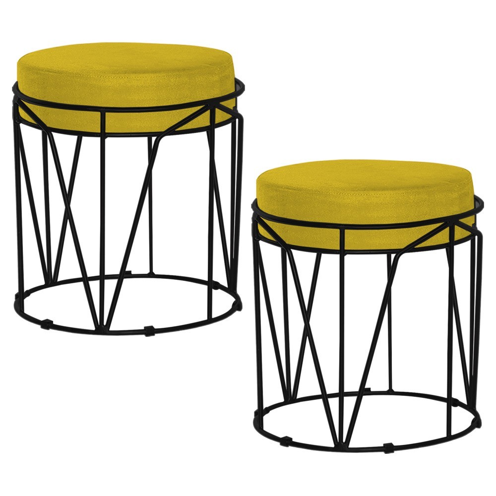 Kit 2 Puffs Decorativo Sala de Estar Base Preto Chloe Suede Amarelo G41 - Gran Belo