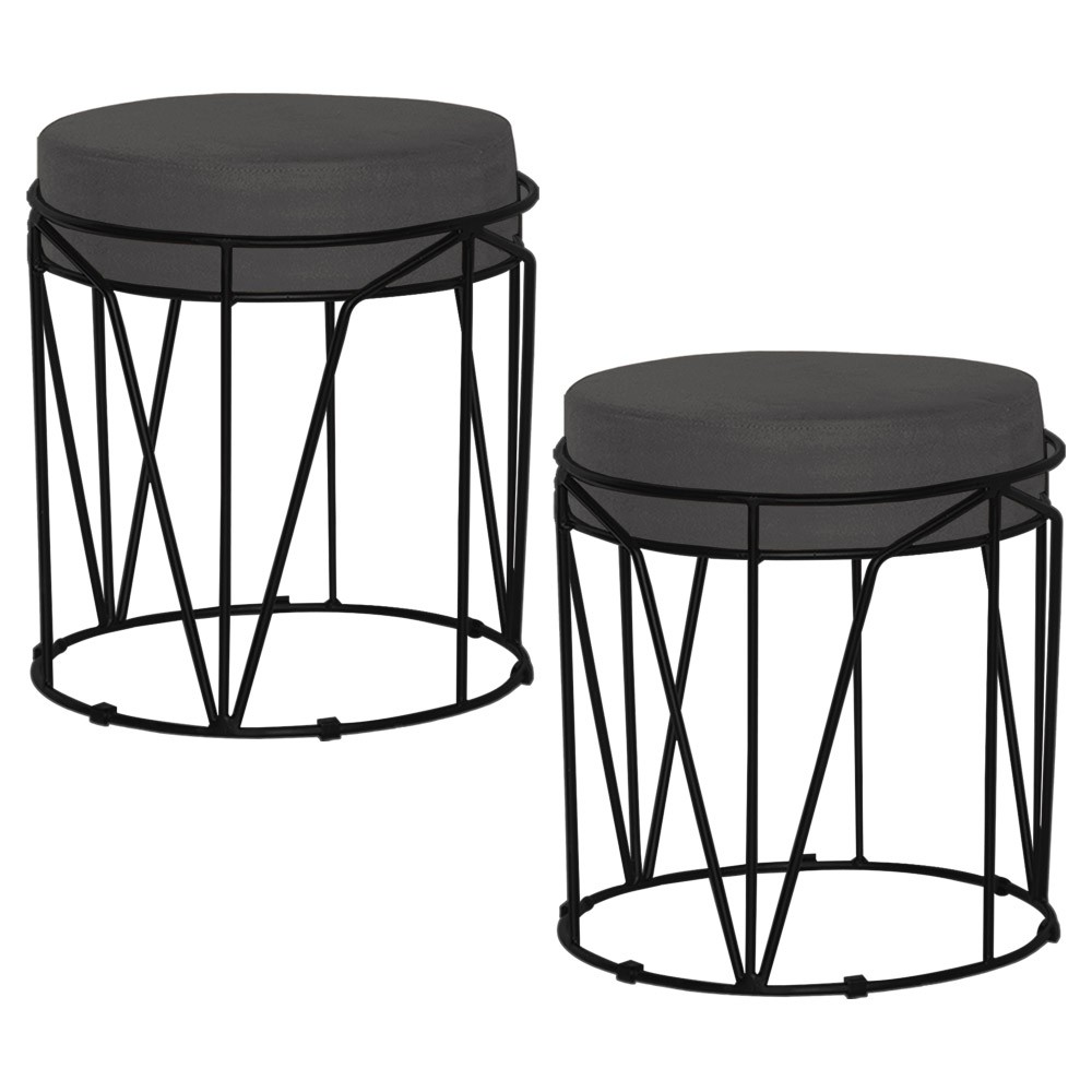 Kit 2 Puffs Decorativo Sala de Estar Base Preto Chloe Suede Cinza G41 - Gran Belo