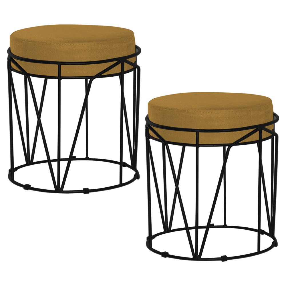 Kit 2 Puffs Decorativo Sala de Estar Base Preto Chloe Suede Mostarda G41 - Gran Belo