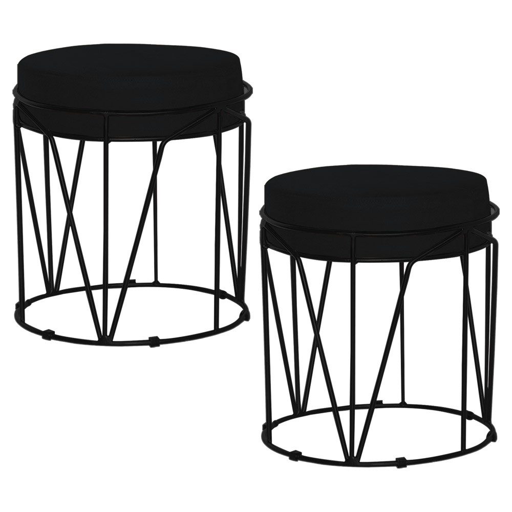 Kit 2 Puffs Decorativo Sala de Estar Base Preto Chloe Suede Preto G41 - Gran Belo
