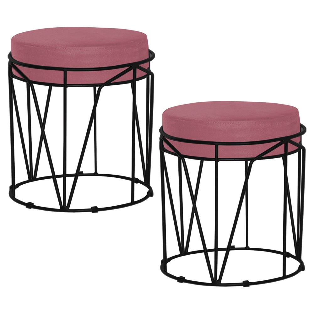 Kit 2 Puffs Decorativo Sala de Estar Base Preto Chloe Suede Rosa G41 - Gran Belo
