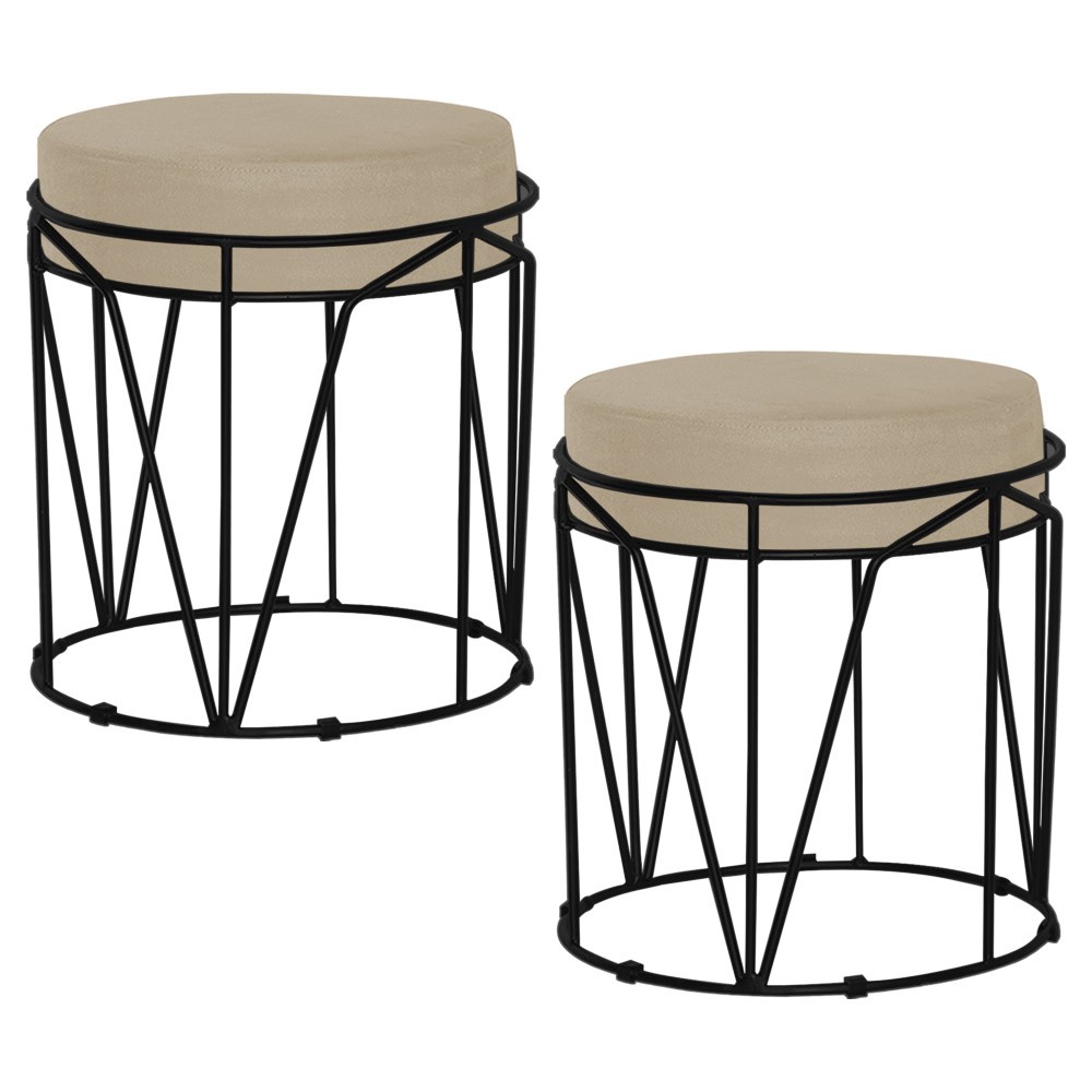 Kit 2 Puffs Decorativo Sala de Estar Base Preto Chloe Veludo Bege G41 - Gran Belo