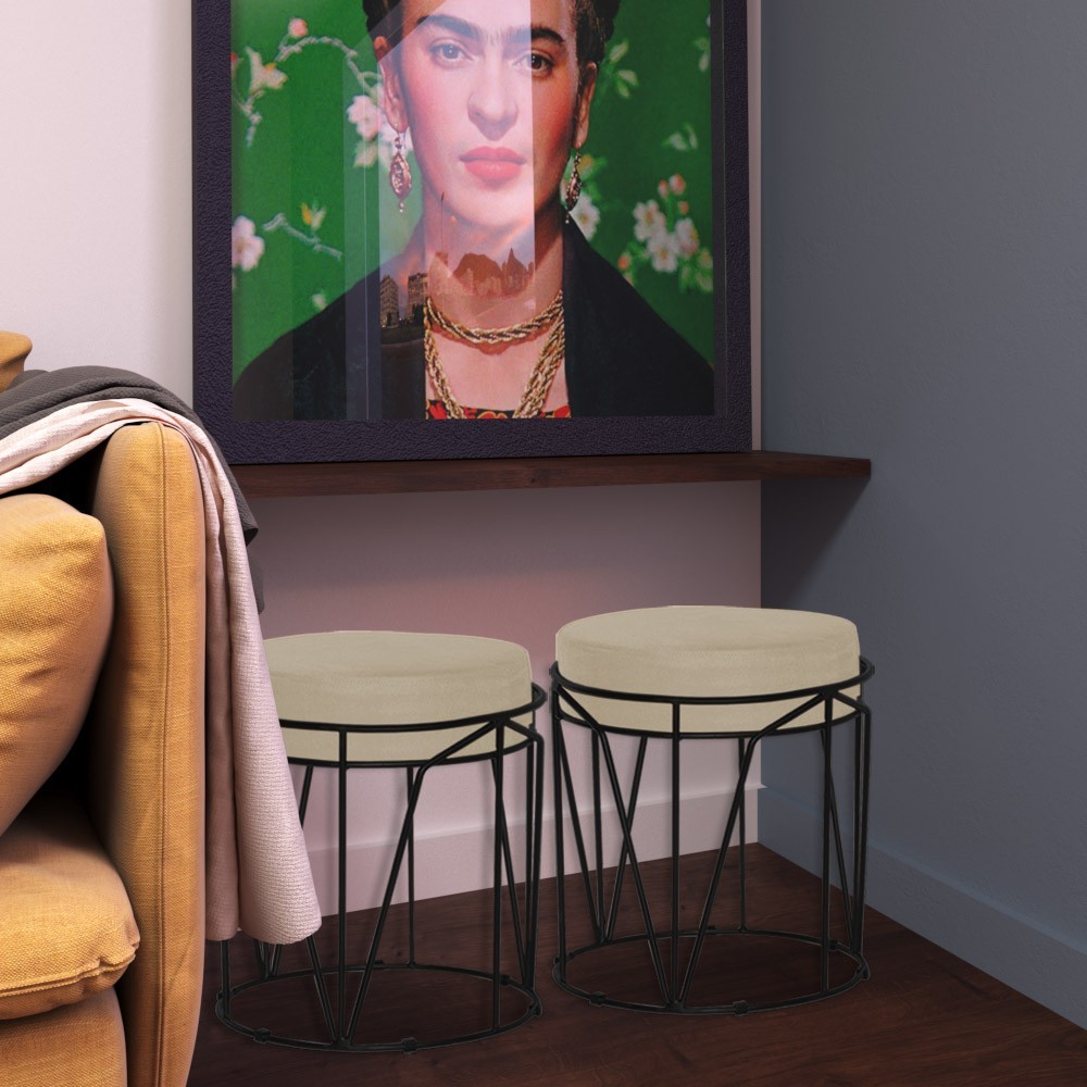 Kit 2 Puffs Decorativo Sala de Estar Base Preto Chloe Veludo Bege G41 - Gran Belo