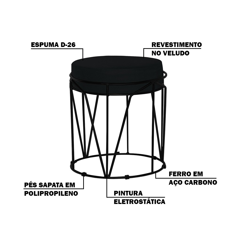 Kit 2 Puffs Decorativo Sala de Estar Base Preto Chloe Veludo Preto - Gran Belo