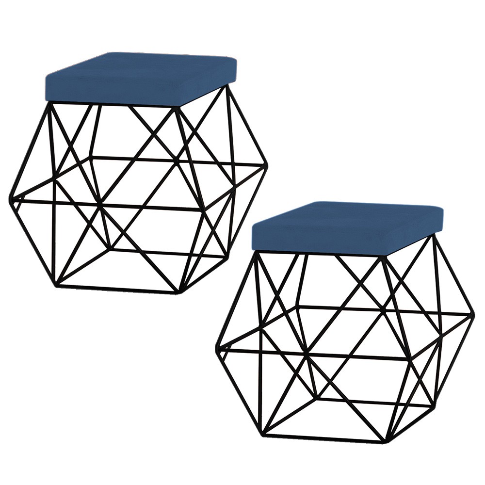Kit 2 Puffs Decorativo Sala de Estar Base Preto Trixie Suede Azul Marinho G41 - Gran Belo